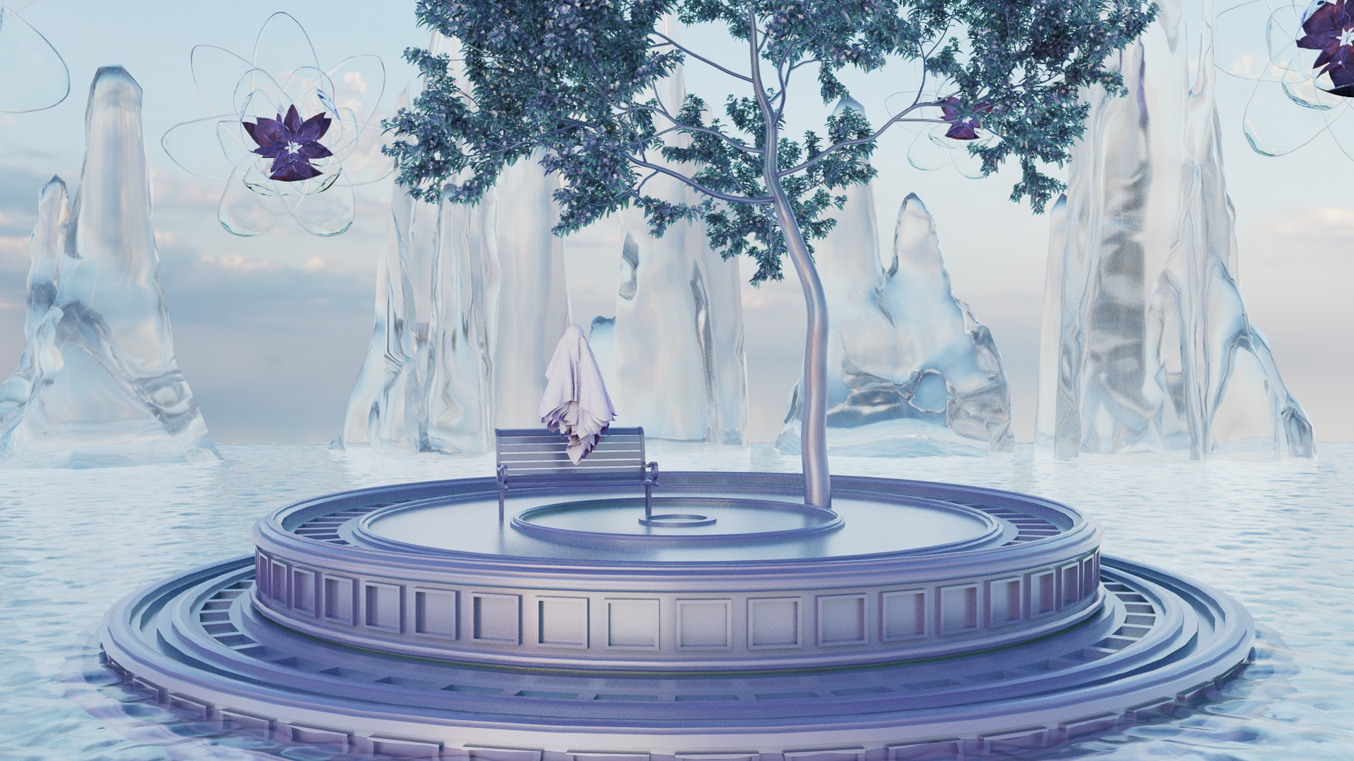 Still from a digital animation, a tree and a fountain